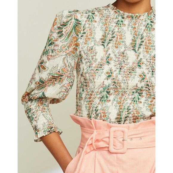 VERONICA BEARD Kali Smocked Cotton Puff Sleeve Top Stone Multi Saks 10 NWT $398 - Picture 1 of 16
